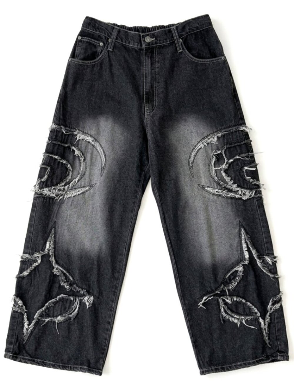 NEW JUNGLE STORM -Moon Star Tribal Motif Black Denim Baggy Jeans -UNISEX